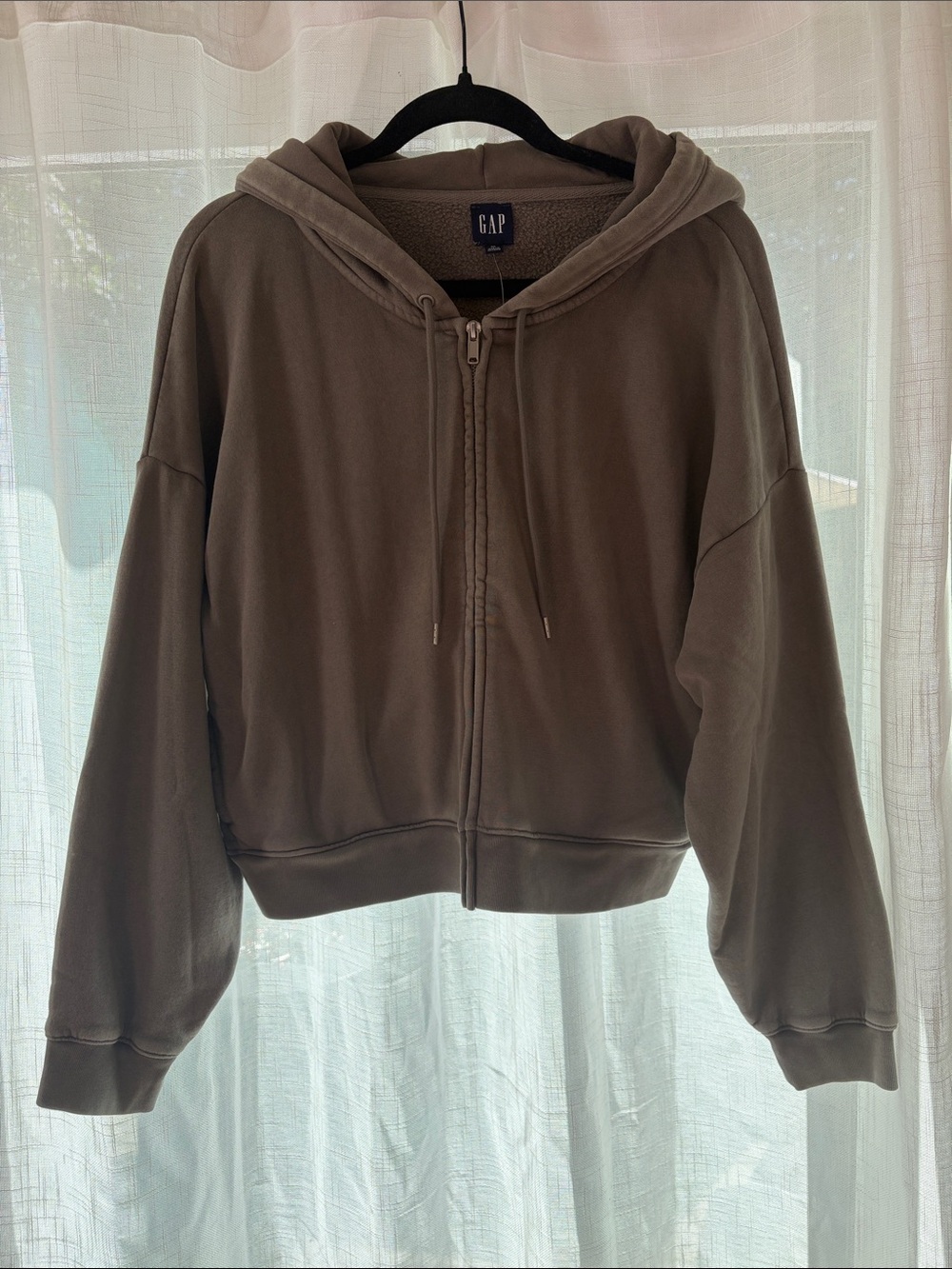 NWT GAP Green Brown Full-Zip Hooded Cropped Sweatshirt